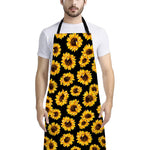Black Sunflower Pattern Print Bib Apron With Pocket