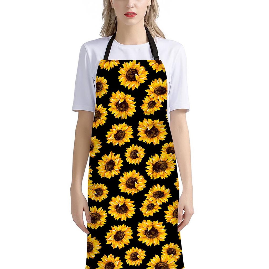 Black Sunflower Pattern Print Bib Apron With Pocket