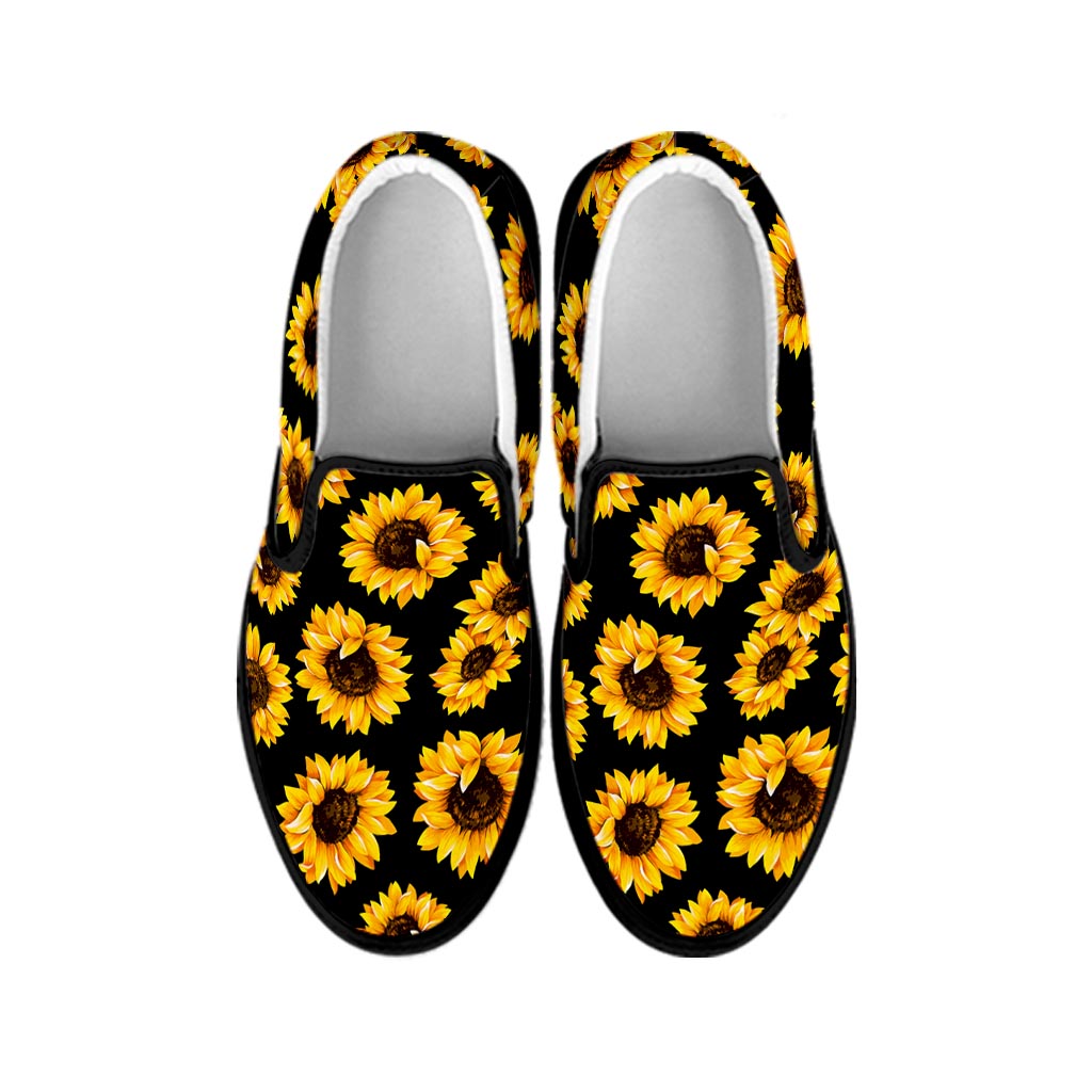 Black Sunflower Pattern Print Black Slip On Sneakers