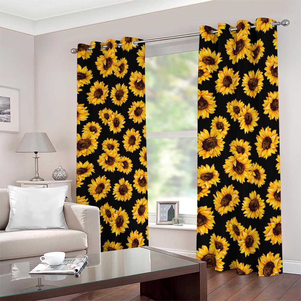 Black Sunflower Pattern Print Blackout Grommet Curtains