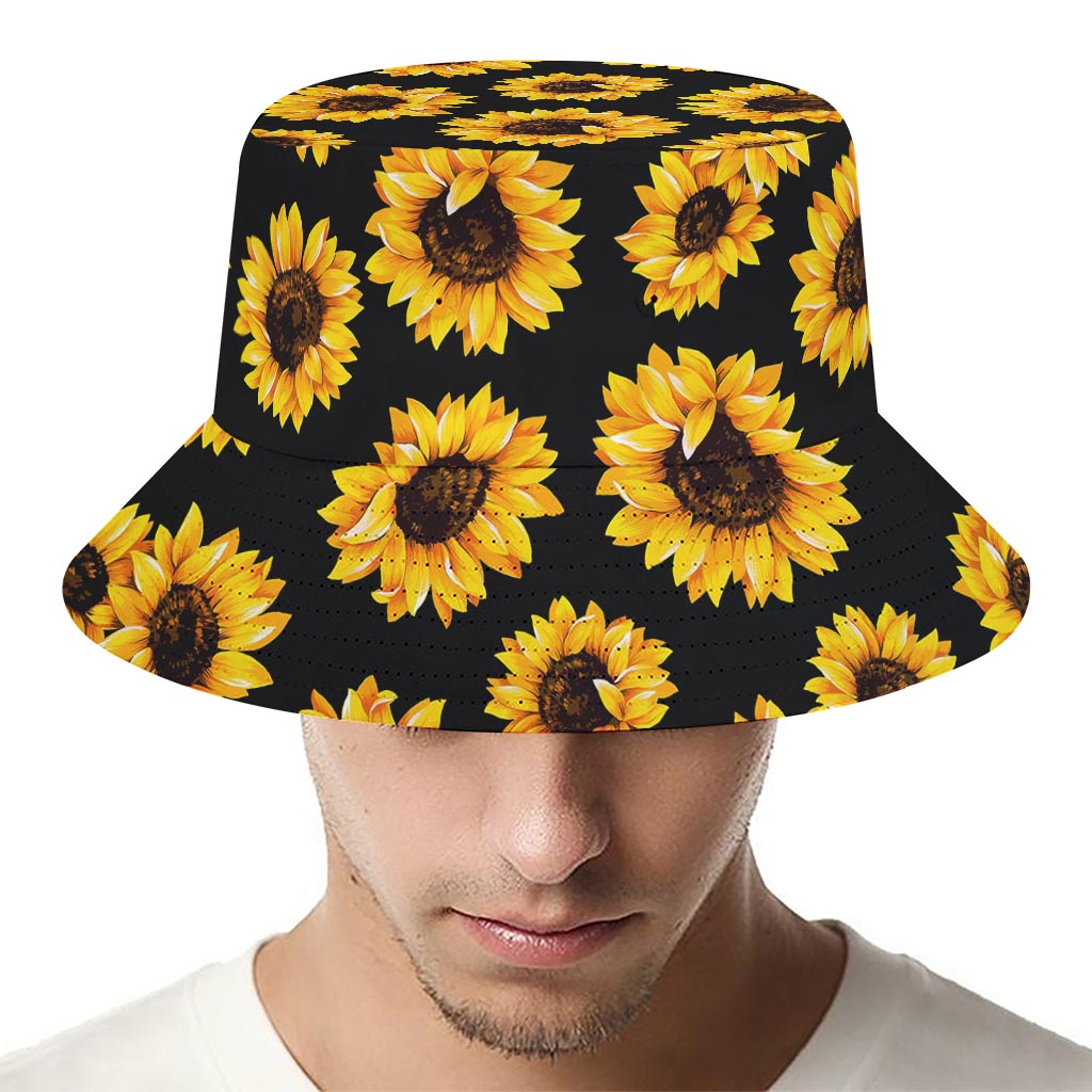 Black Sunflower Pattern Print Bucket Hat