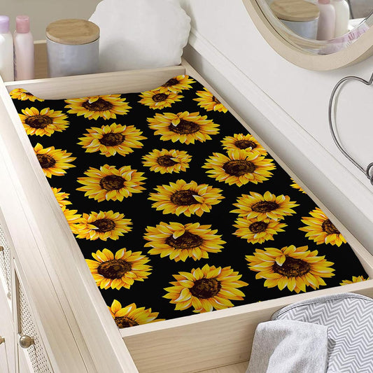 Black Sunflower Pattern Print Changing Pad Cover