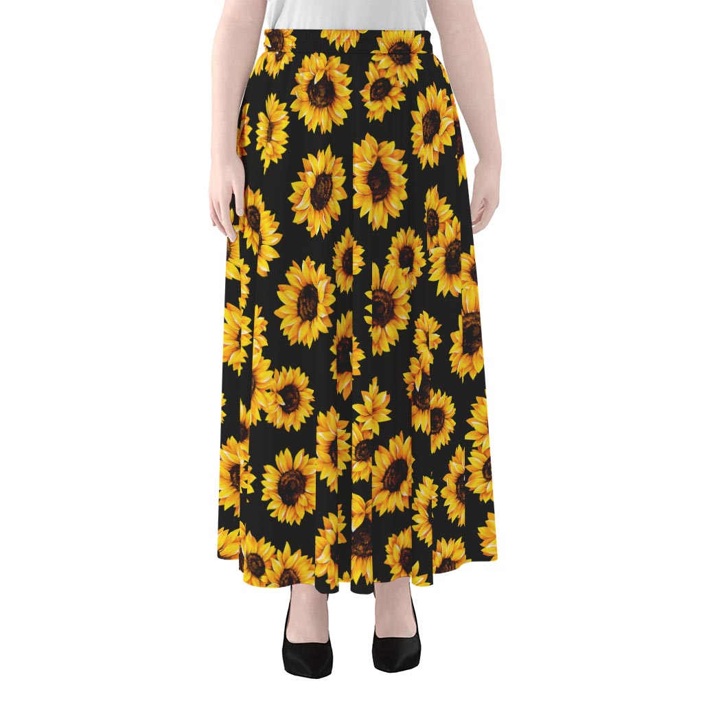 Black Sunflower Pattern Print Chiffon Maxi Skirt