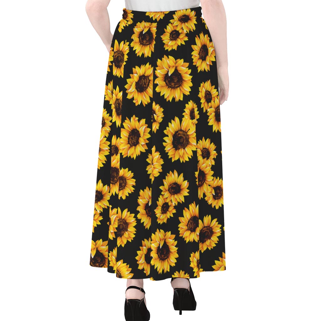 Black Sunflower Pattern Print Chiffon Maxi Skirt