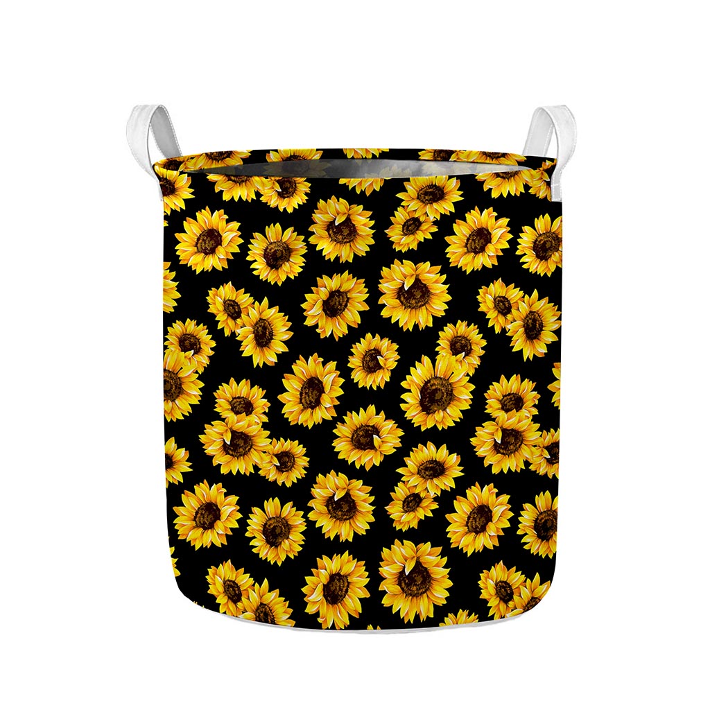Black Sunflower Pattern Print Collapsible Laundry Basket