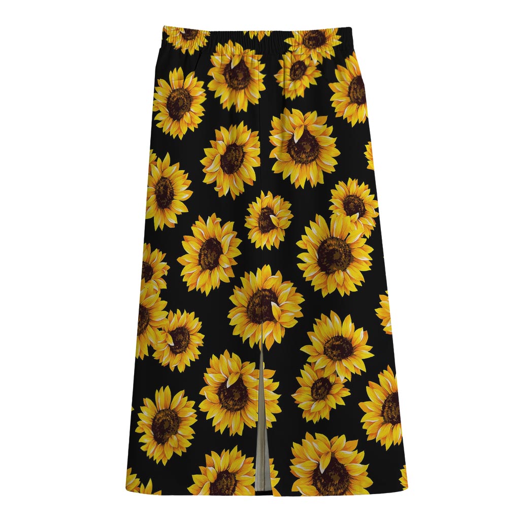 Black Sunflower Pattern Print Cotton Front Slit Maxi Skirt