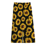 Black Sunflower Pattern Print Cotton Front Slit Maxi Skirt