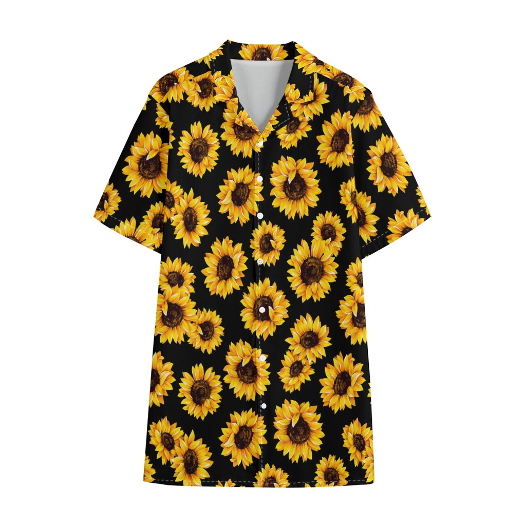 Black Sunflower Pattern Print Cotton Hawaiian Shirt