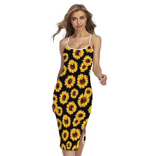 Black Sunflower Pattern Print Cross Back Cami Dress