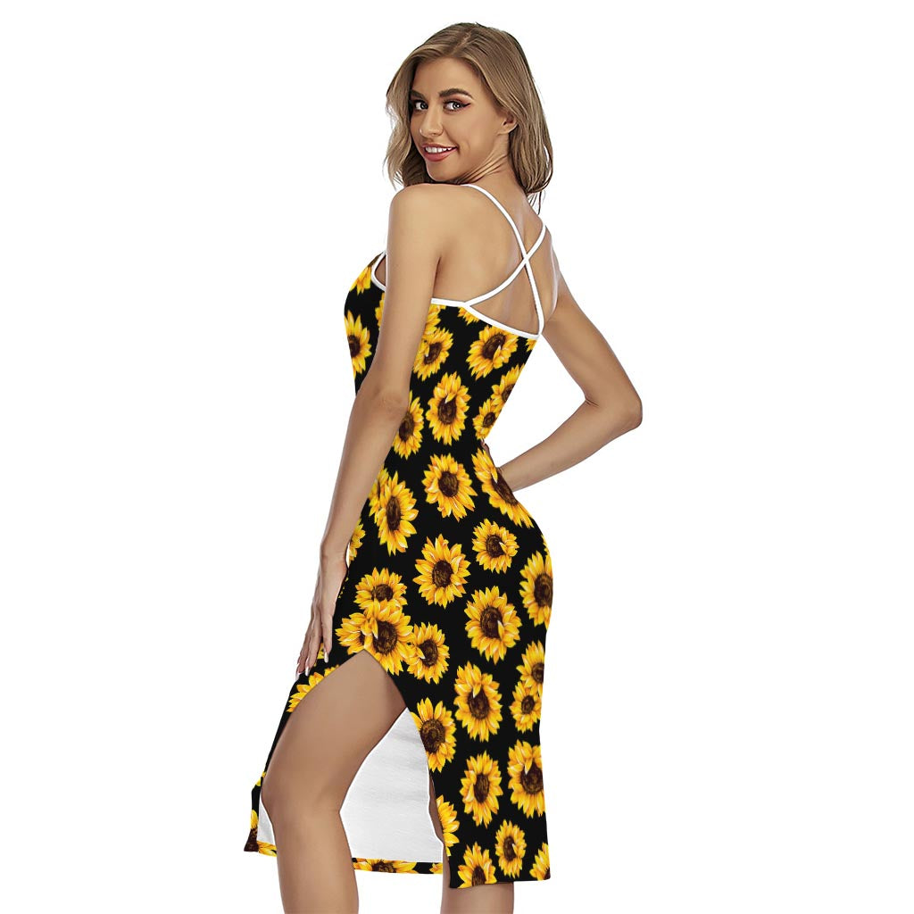 Black Sunflower Pattern Print Cross Back Cami Dress
