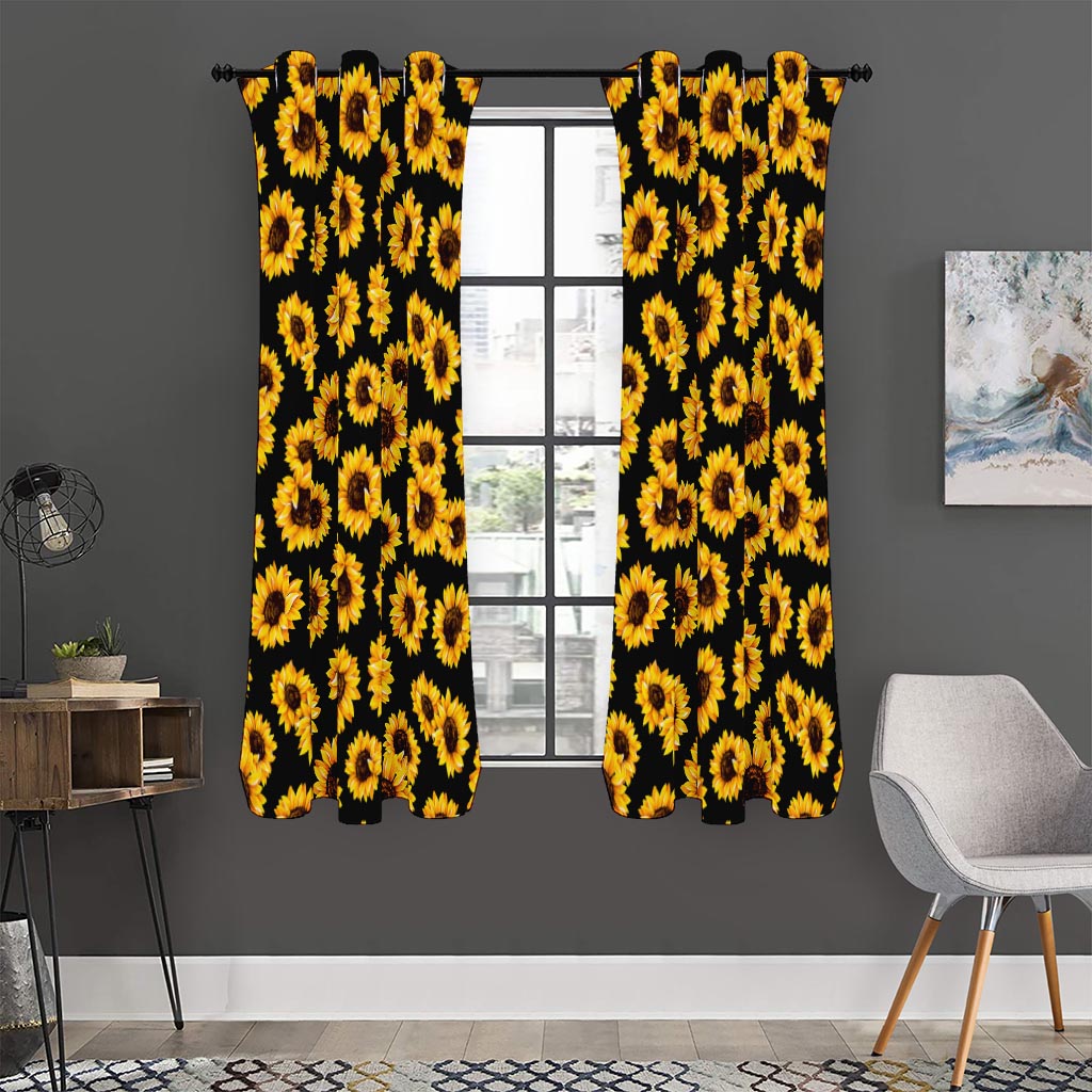 Black Sunflower Pattern Print Curtain