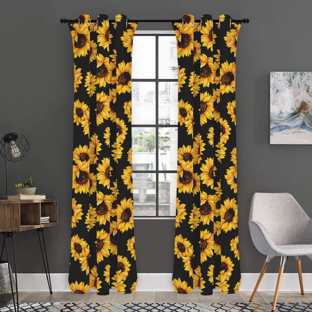 Black Sunflower Pattern Print Curtain