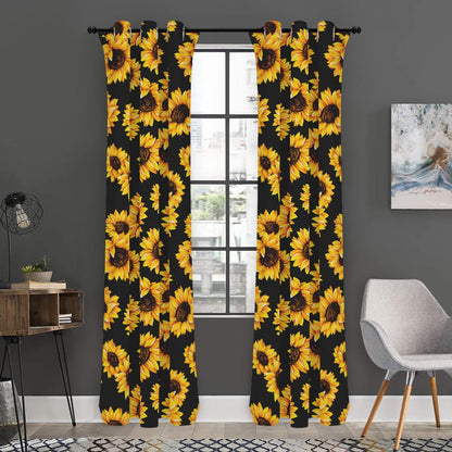 Black Sunflower Pattern Print Curtain