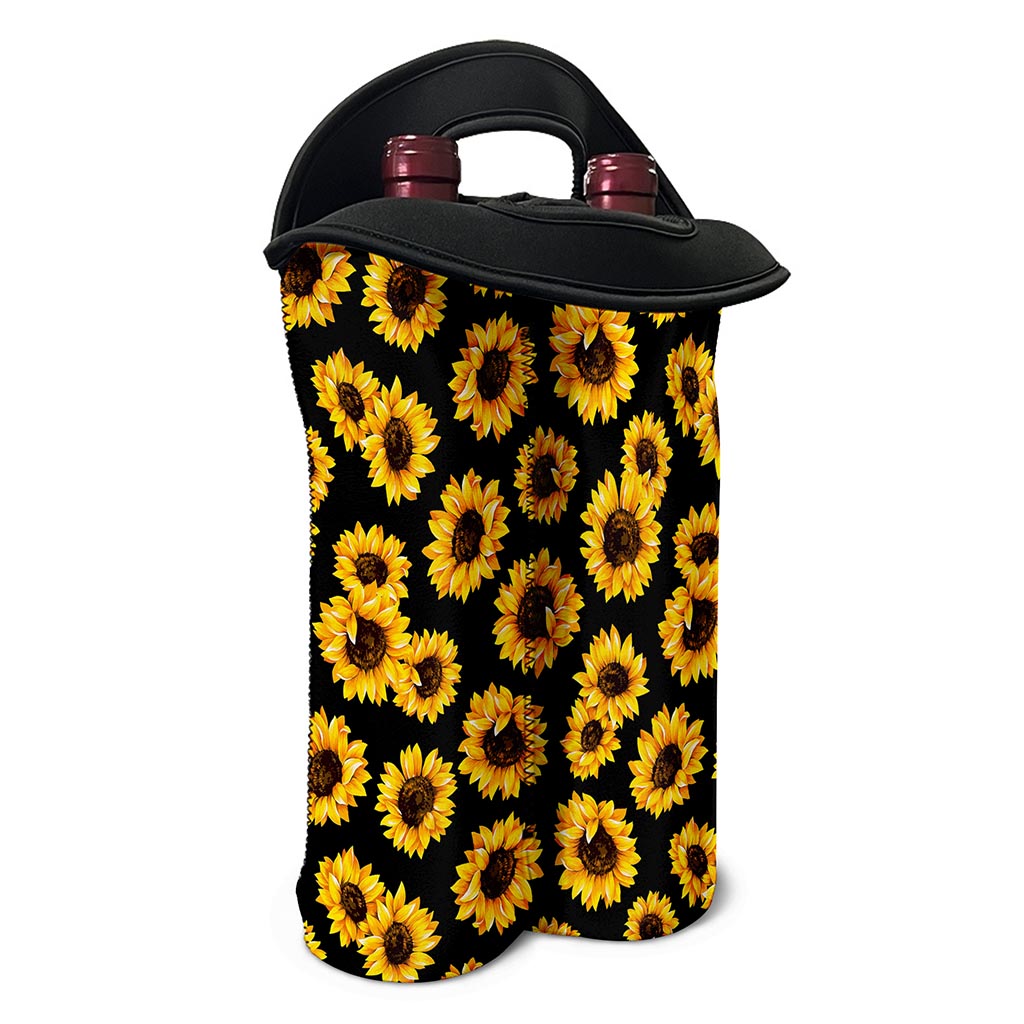 Black Sunflower Pattern Print Double Neoprene Wine Tote