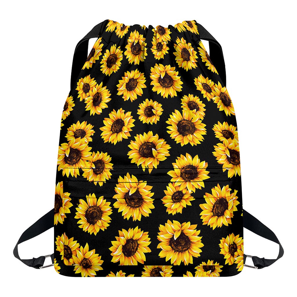 Black Sunflower Pattern Print Drawstring Backpack