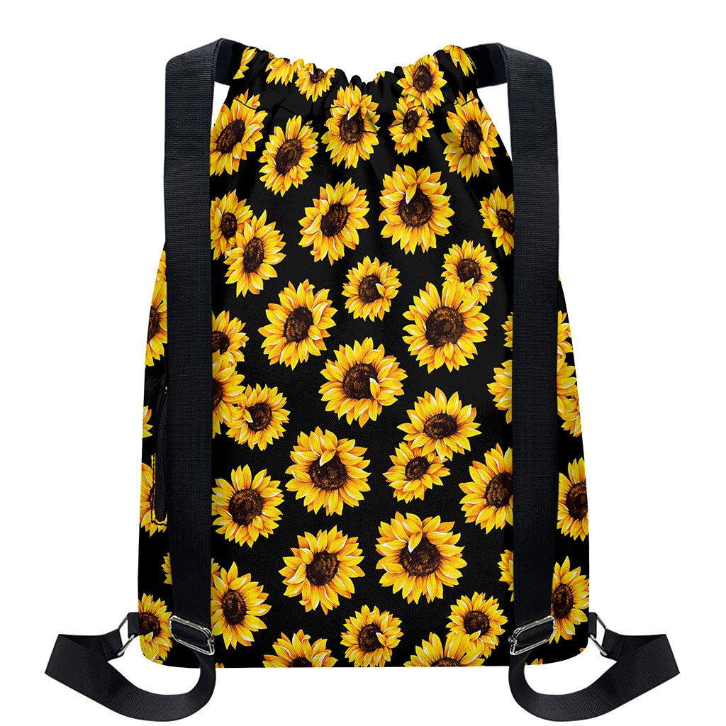 Black Sunflower Pattern Print Drawstring Backpack