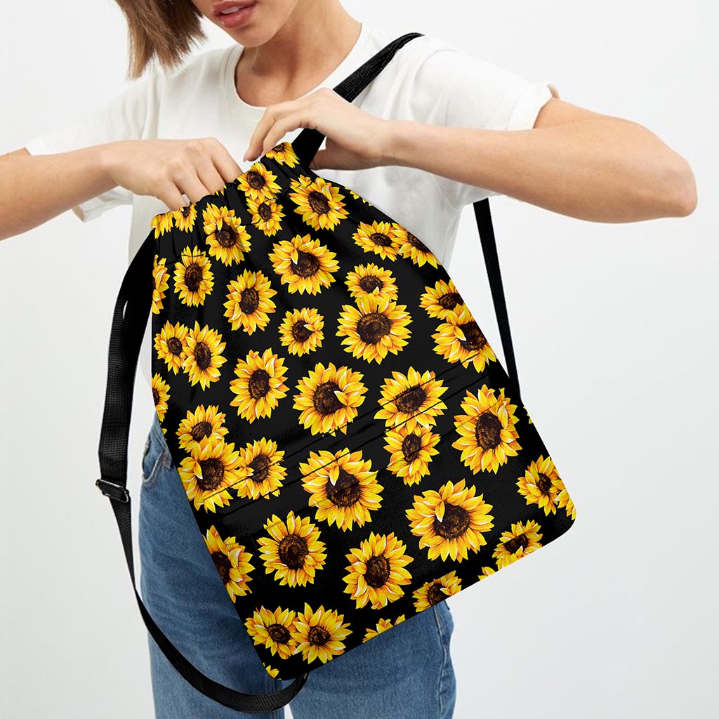 Black Sunflower Pattern Print Drawstring Backpack