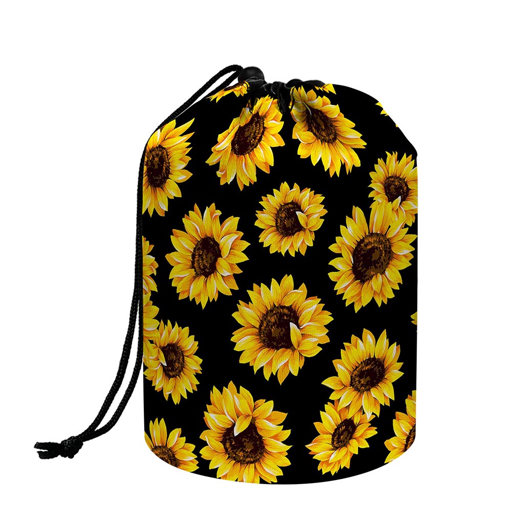 Black Sunflower Pattern Print Drawstring Makeup Bag