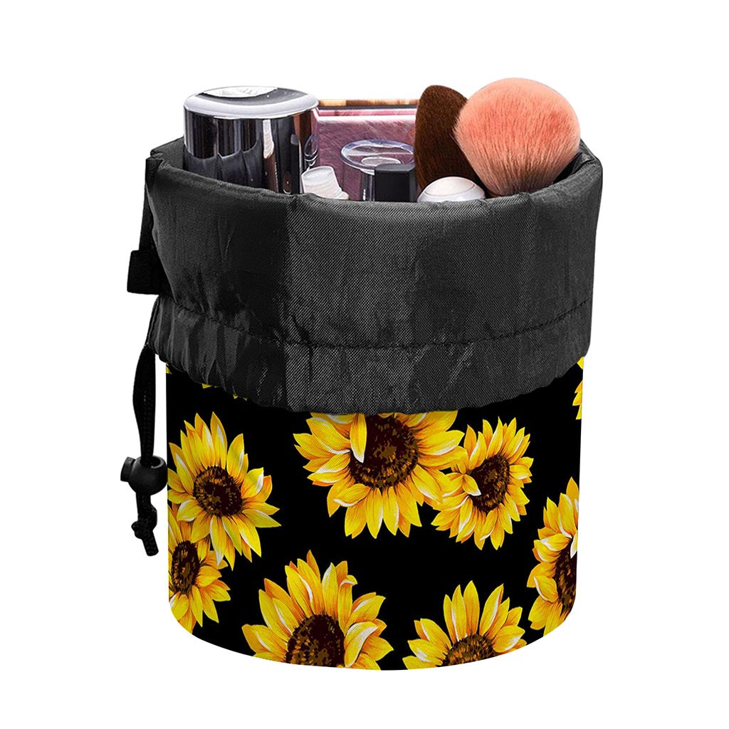 Black Sunflower Pattern Print Drawstring Makeup Bag
