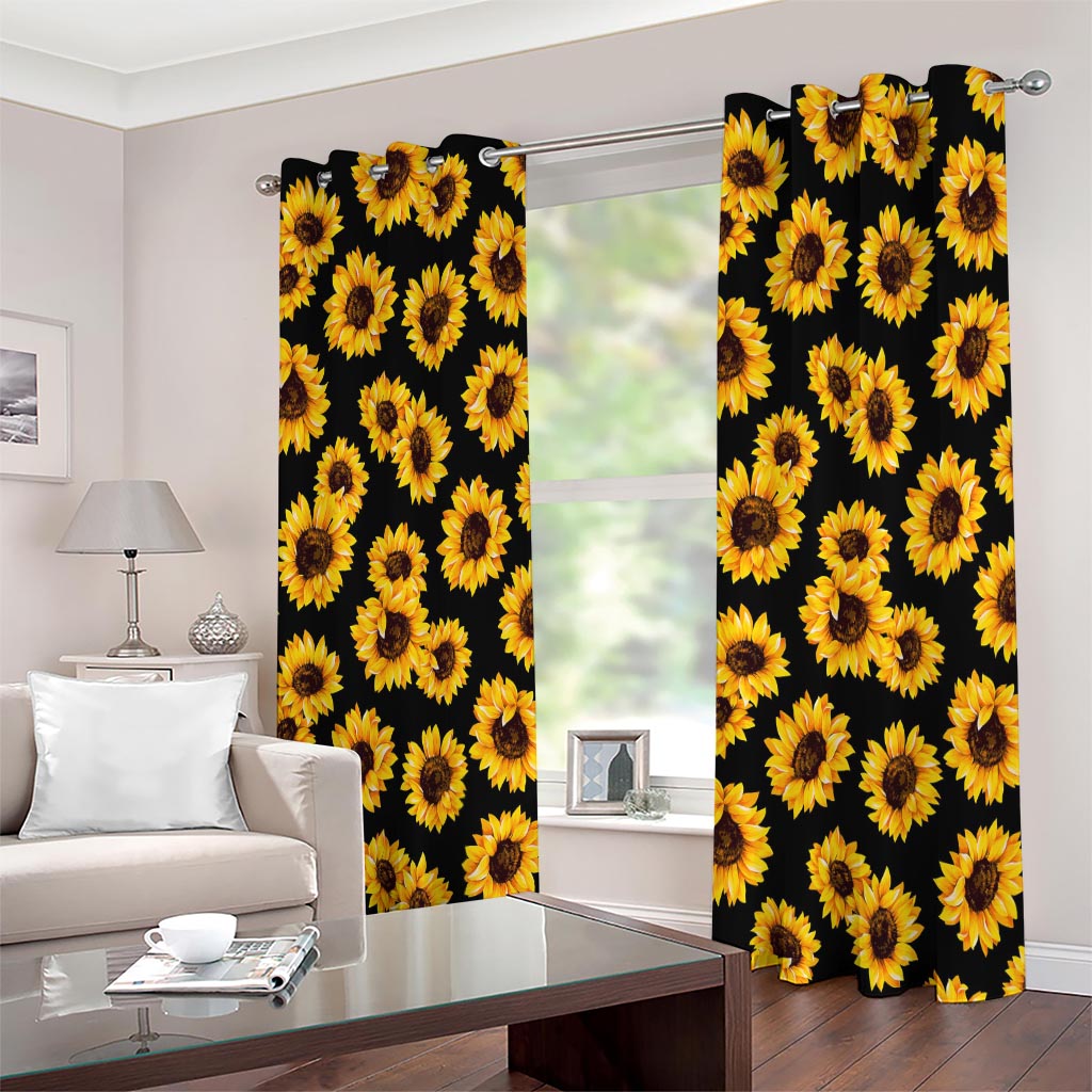 Black Sunflower Pattern Print Extra Wide Grommet Curtains