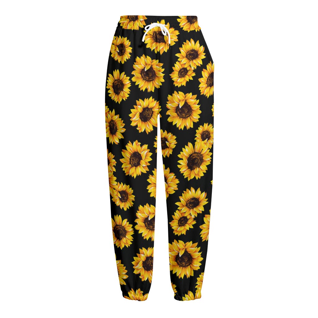 Black Sunflower Pattern Print Fleece Lined Knit Pants
