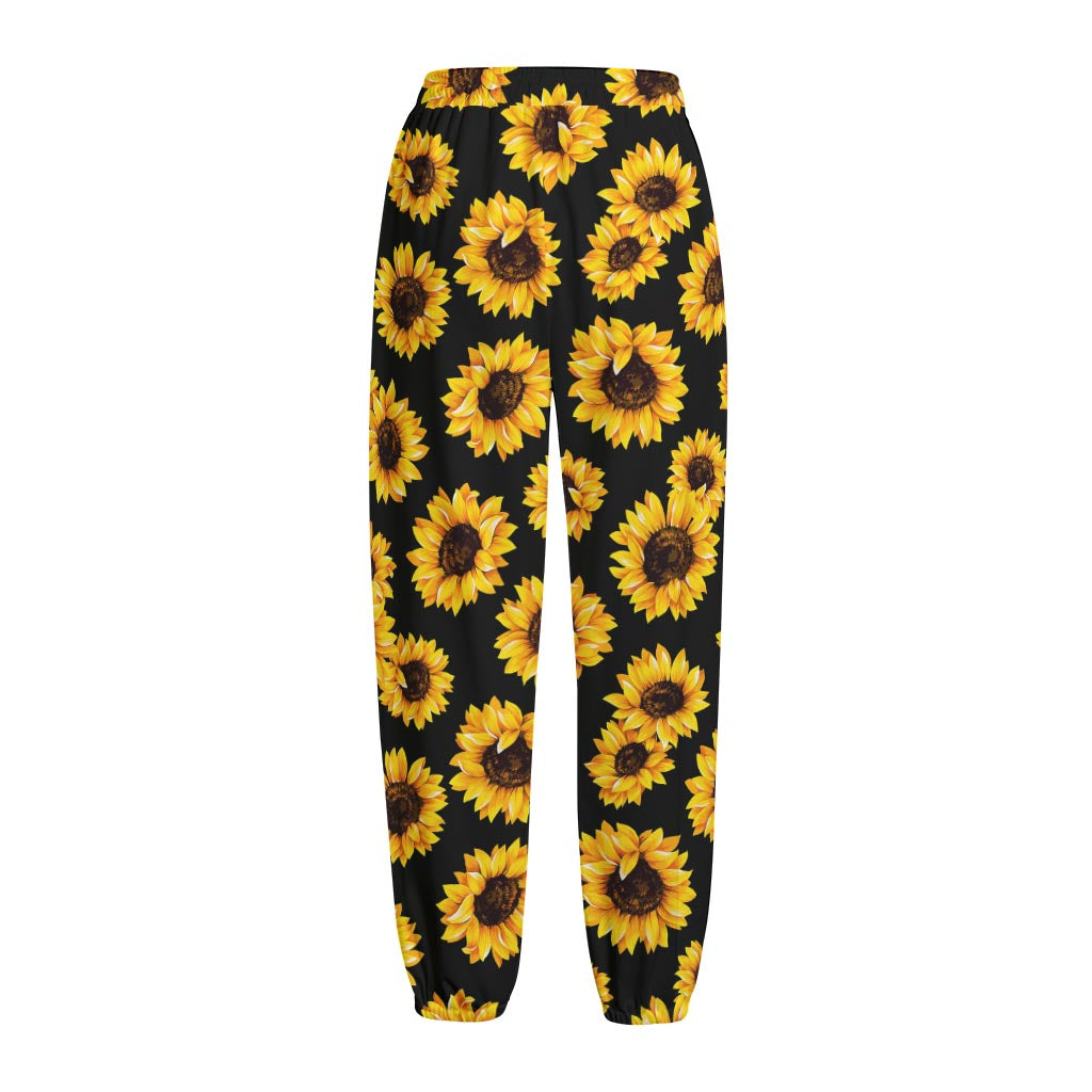 Black Sunflower Pattern Print Fleece Lined Knit Pants