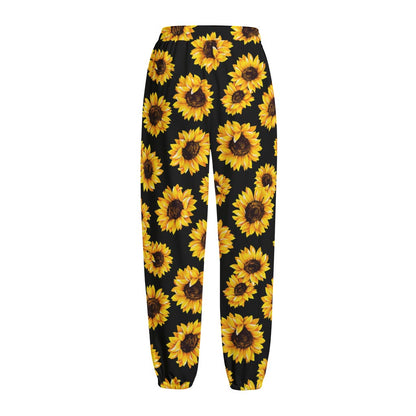 Black Sunflower Pattern Print Fleece Lined Knit Pants