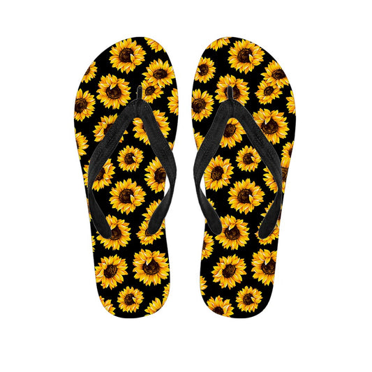 Black Sunflower Pattern Print Flip Flops