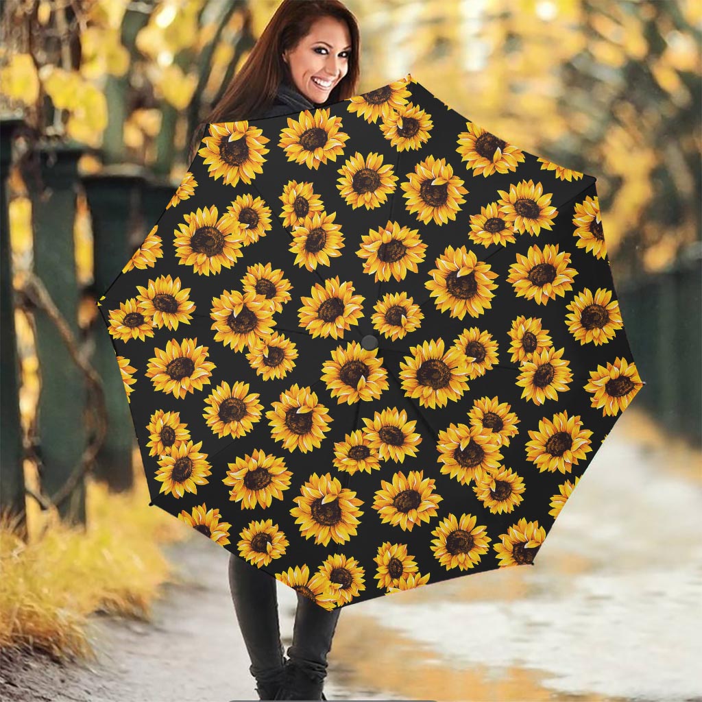 Black Sunflower Pattern Print Foldable Umbrella