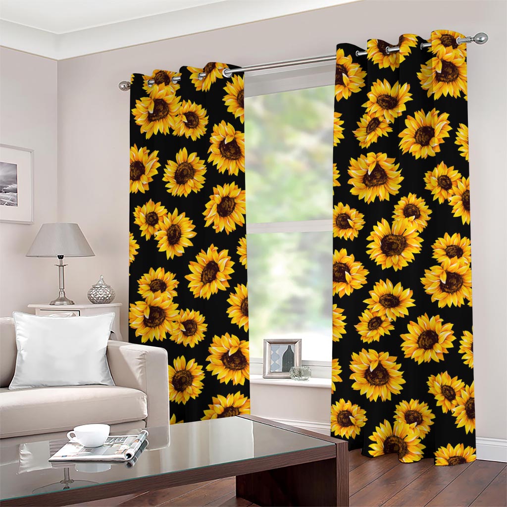 Black Sunflower Pattern Print Grommet Curtains