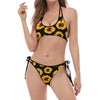 Black Sunflower Pattern Print Halter Scoop Tie Side Bikini