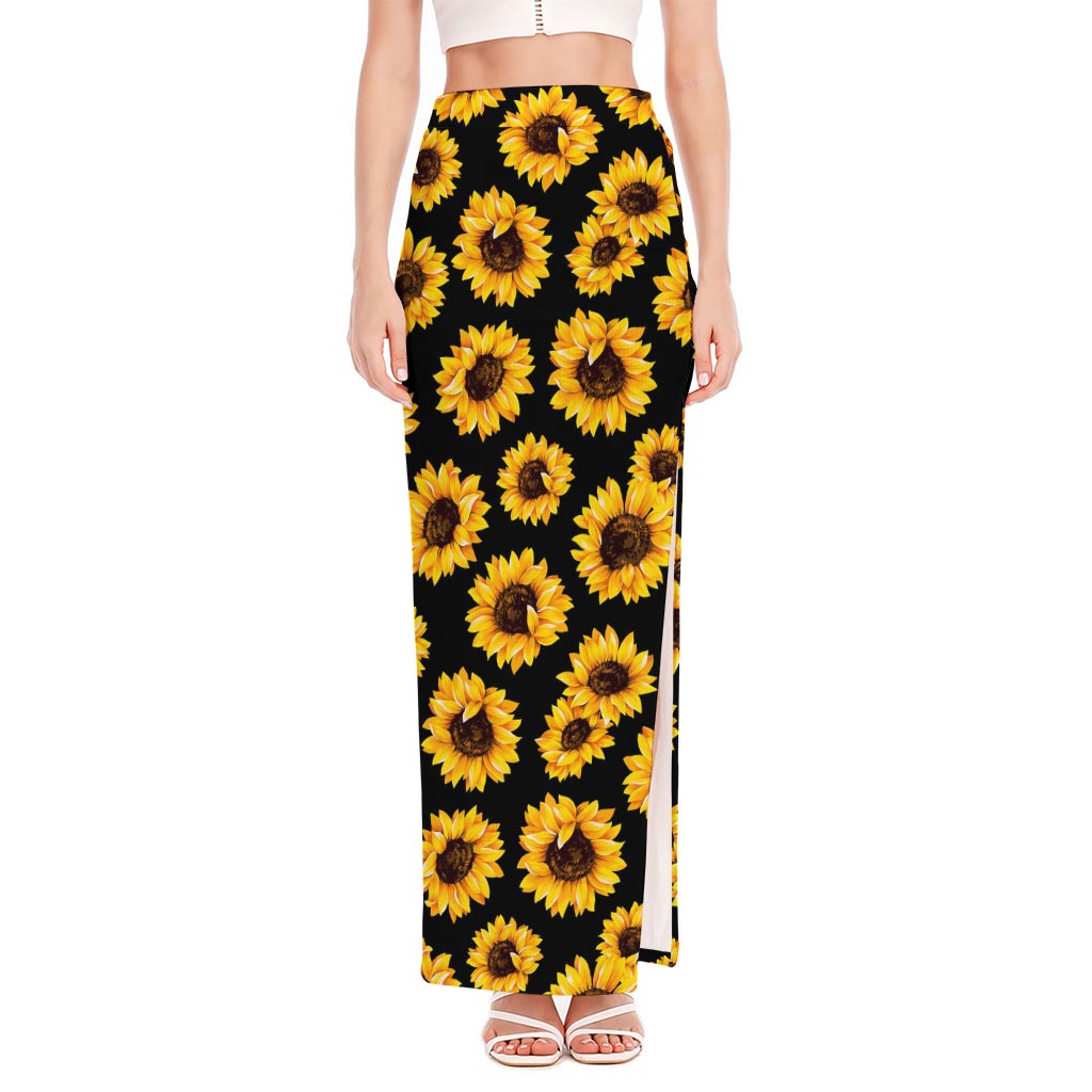 Black Sunflower Pattern Print High Slit Maxi Skirt