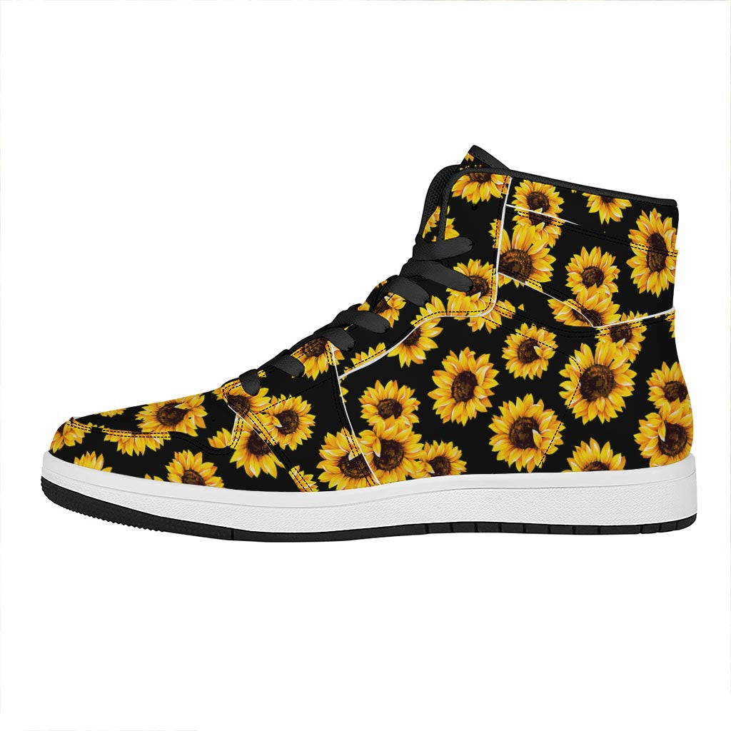 Black Sunflower Pattern Print High Top Leather Sneakers