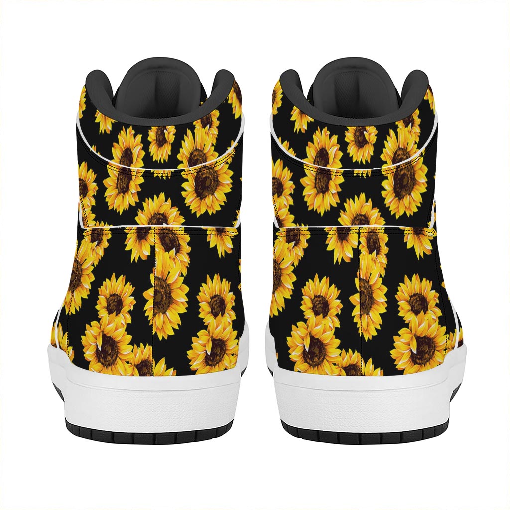 Black Sunflower Pattern Print High Top Leather Sneakers