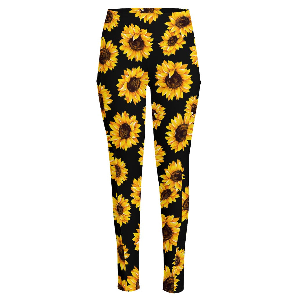 Black Sunflower Pattern Print High-Waisted Pocket Leggings