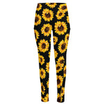 Black Sunflower Pattern Print High-Waisted Pocket Leggings