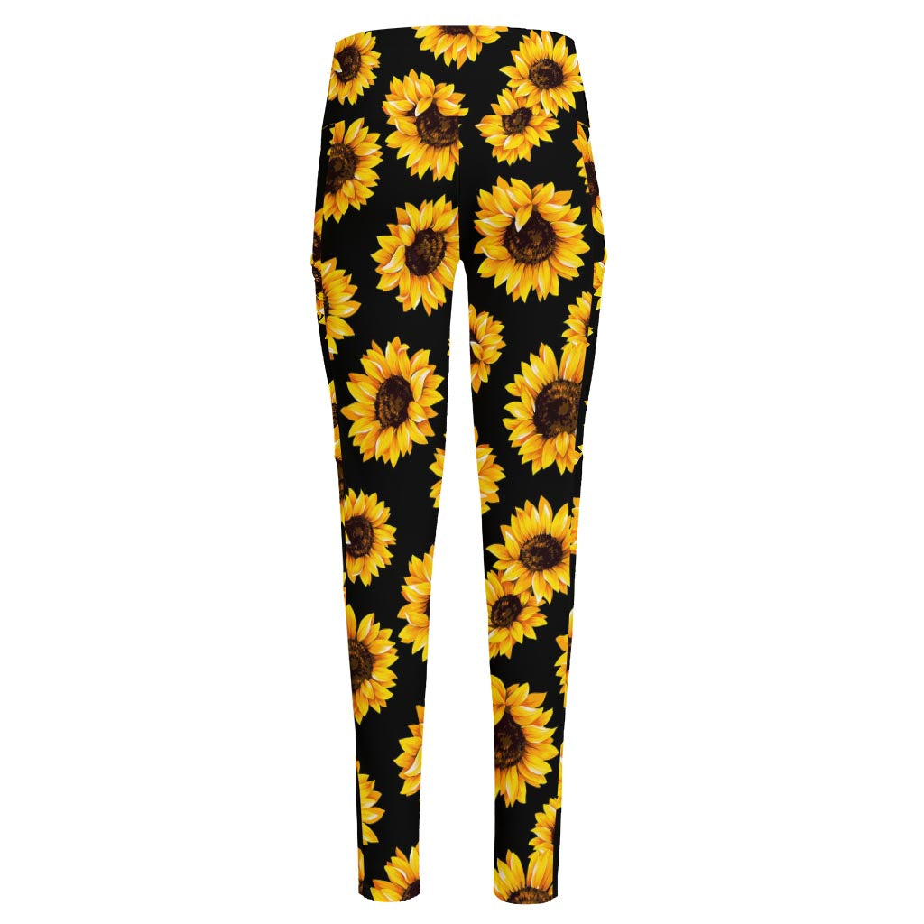 Black Sunflower Pattern Print High-Waisted Pocket Leggings