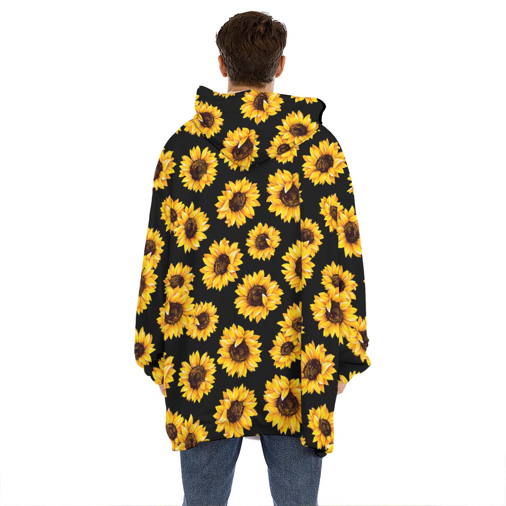 Black Sunflower Pattern Print Hoodie Blanket