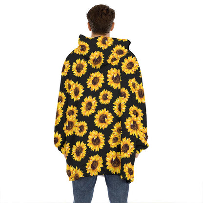 Black Sunflower Pattern Print Hoodie Blanket