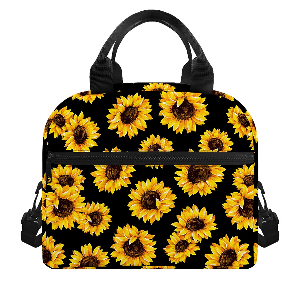 Black Sunflower Pattern Print Insulated Lunch Bag