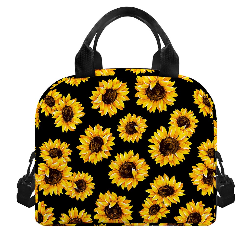 Black Sunflower Pattern Print Insulated Lunch Bag