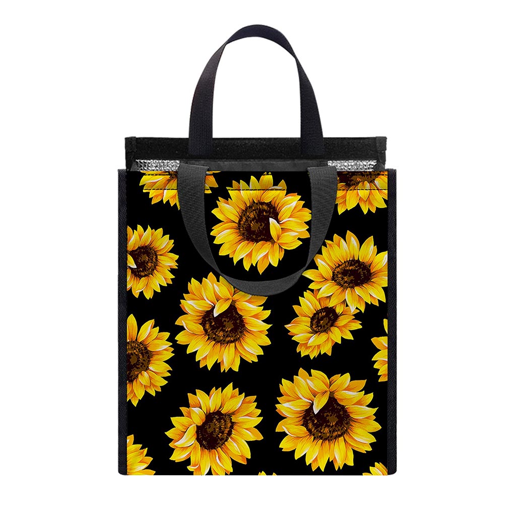 Black Sunflower Pattern Print Insulated Lunch Tote