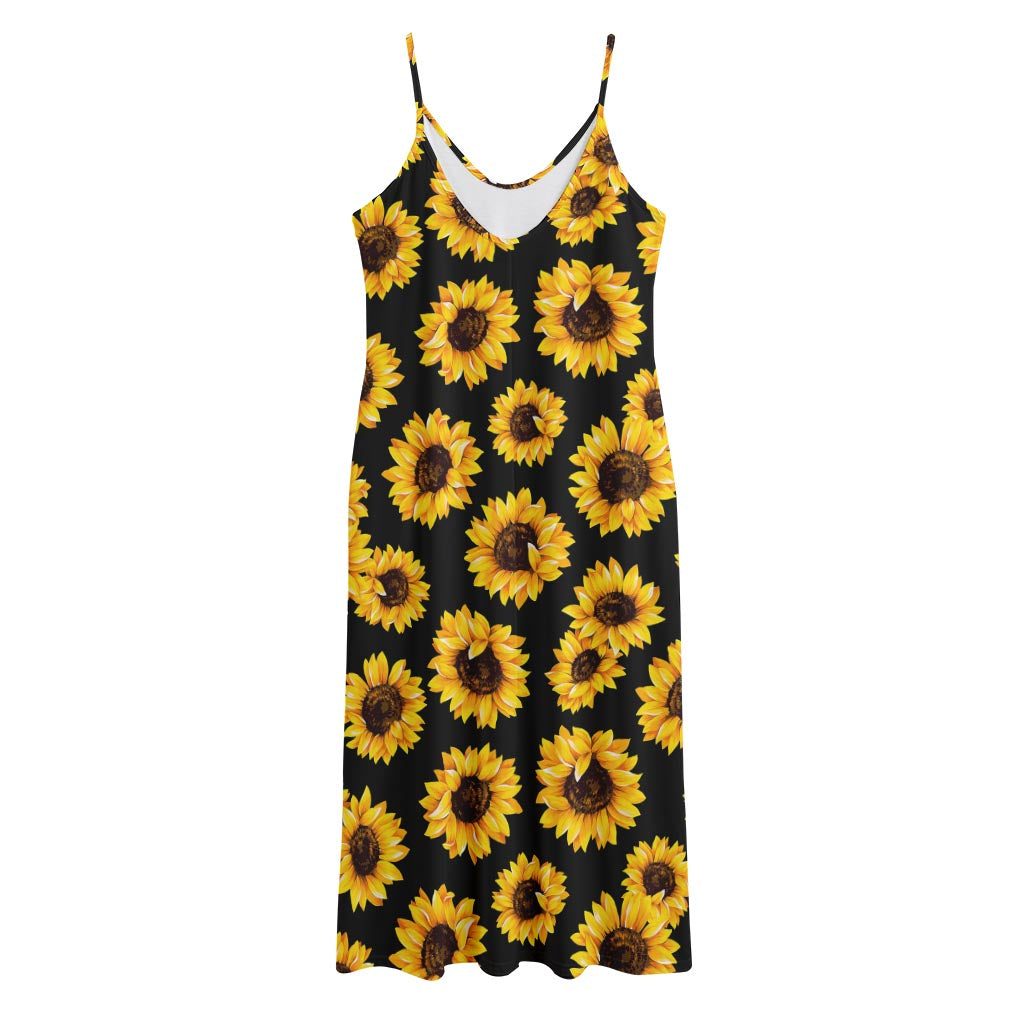 Black Sunflower Pattern Print Jersey Midi Cami Dress