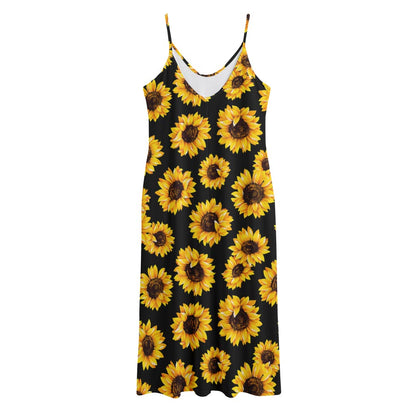 Black Sunflower Pattern Print Jersey Midi Cami Dress