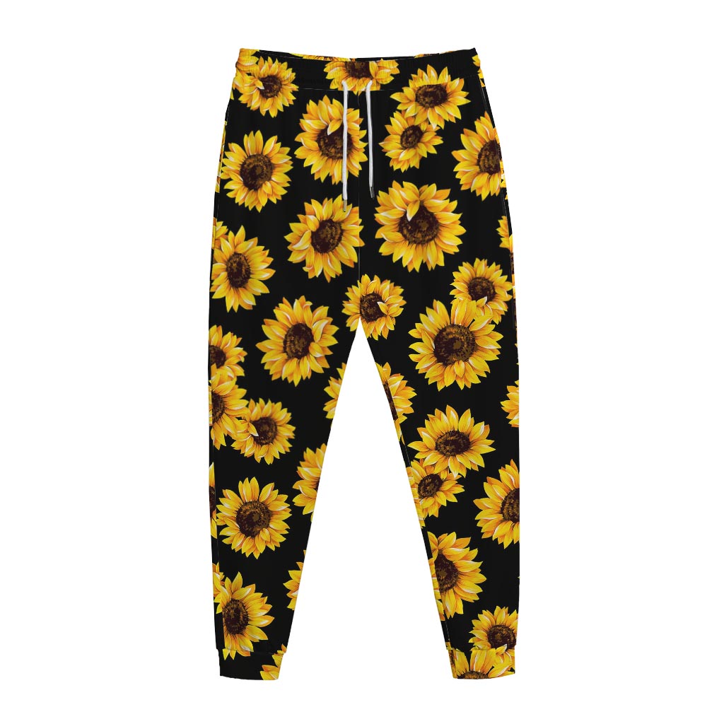 Black Sunflower Pattern Print Jogger Pants