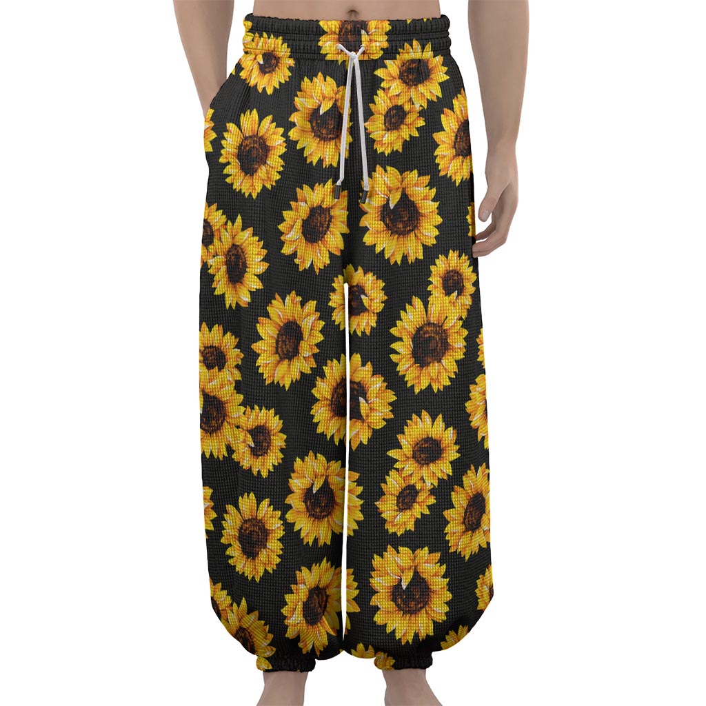 Black Sunflower Pattern Print Lantern Pants