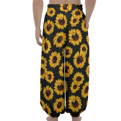 Black Sunflower Pattern Print Lantern Pants