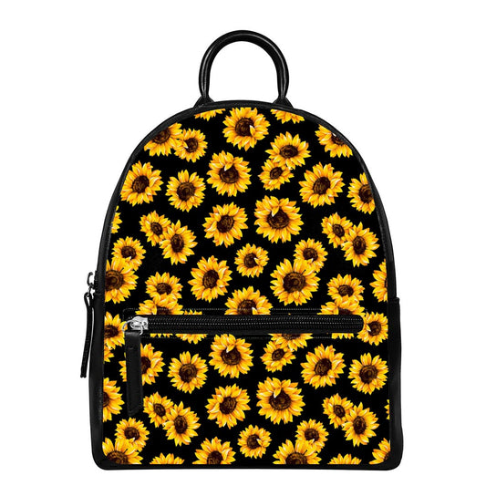 Black Sunflower Pattern Print Leather Backpack