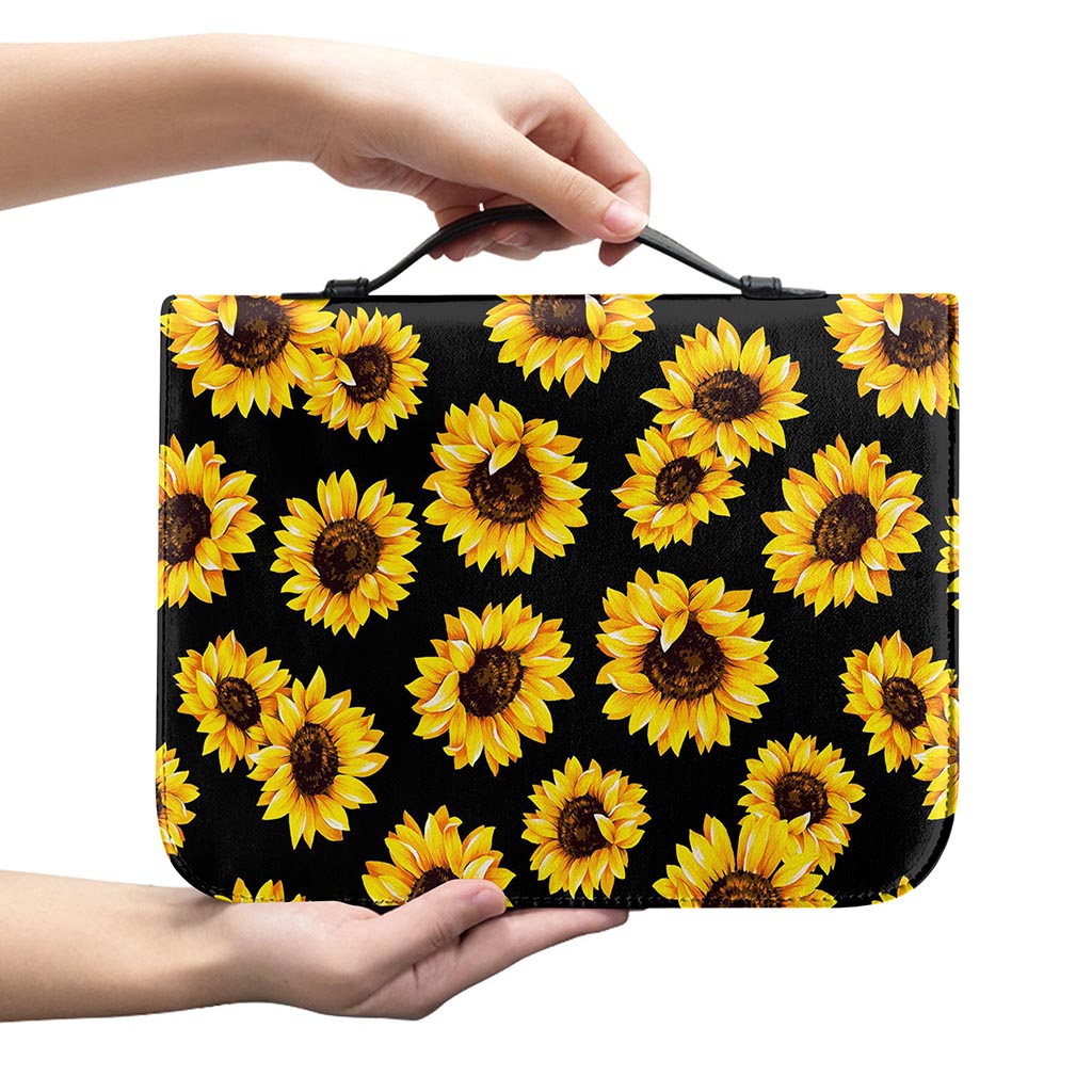 Black Sunflower Pattern Print Leather Bible Cover