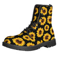 Black Sunflower Pattern Print Lace-Up Boots